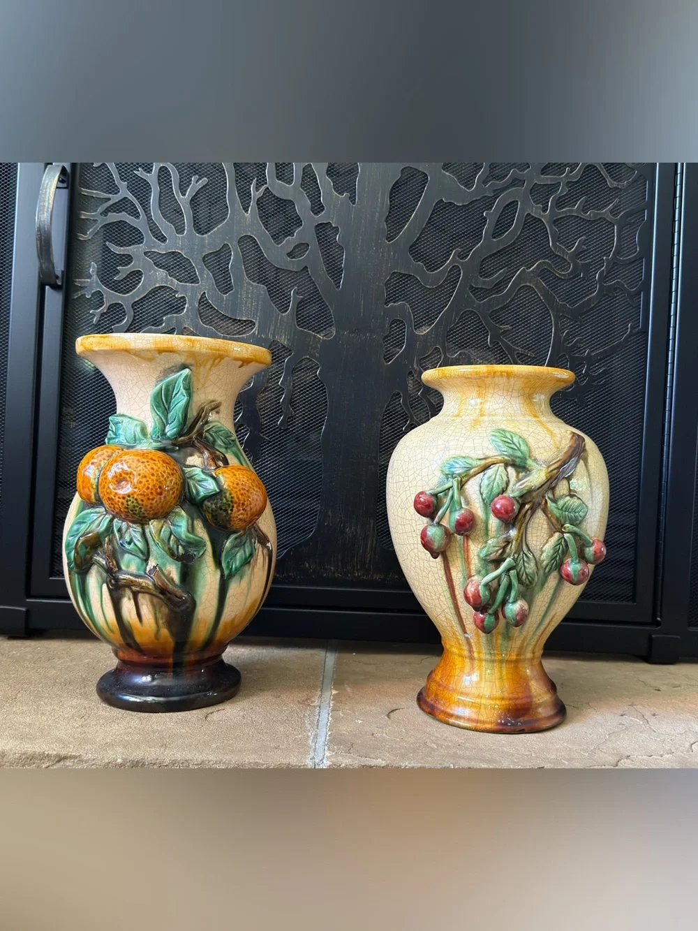 Decorative Fruit Relief Ceramic Vase - Yellow and Green